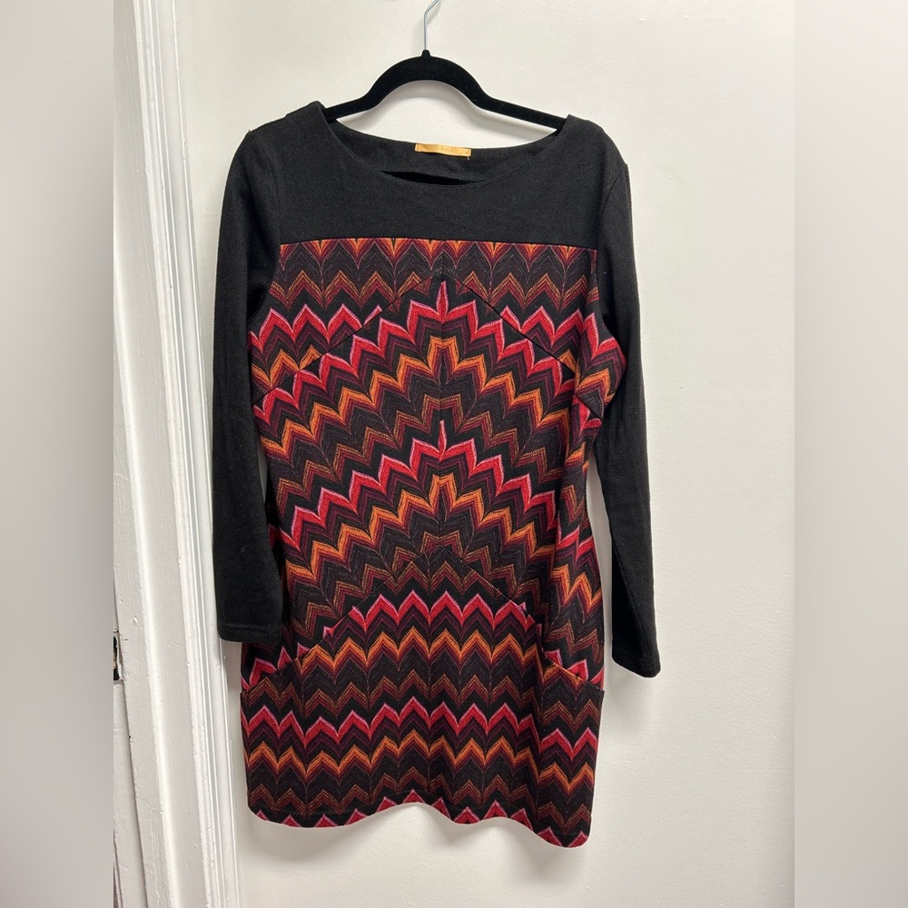 Zarina Mixed Chevron Retro 70’s Style Mini Sweater Dress